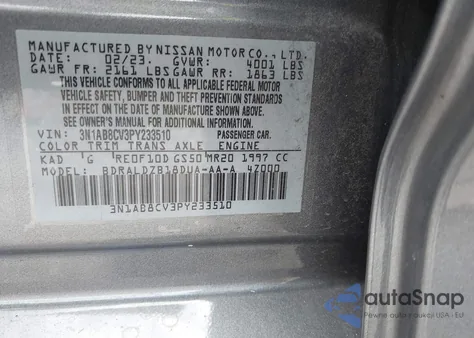 2023 Nissan Sentra Sv Xtronic Cvt z USA, uszkodzony, nr VIN 3N1AB8CV3PY233510